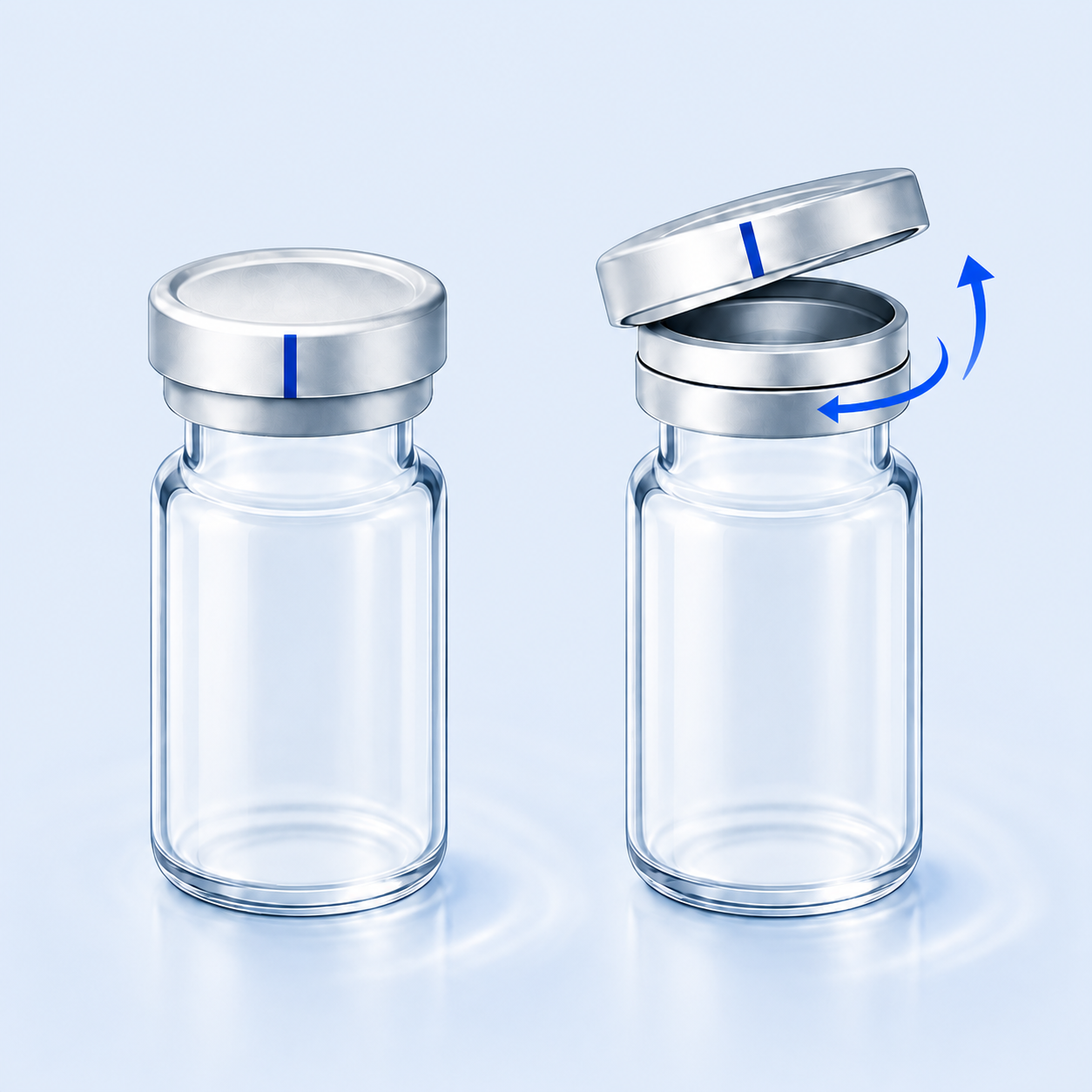 Two contact lens bottles showing the correct opening direction